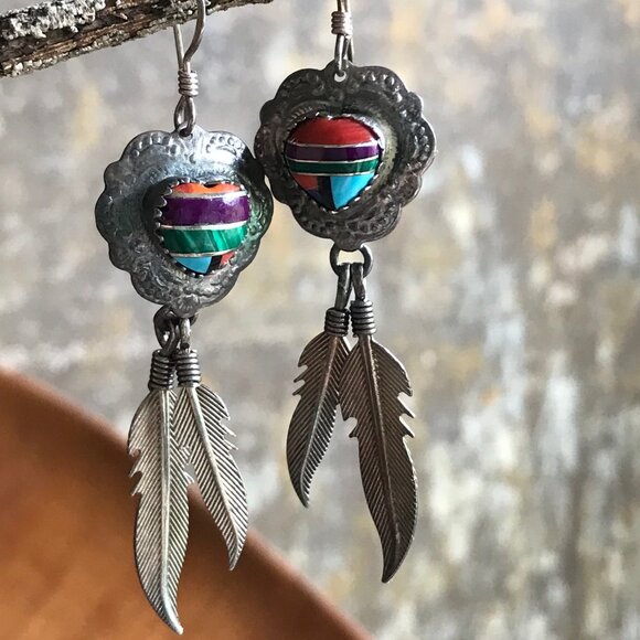 Navajo Sterling Heart & Feather Turquoise Red Coral Jet Malachite Earrings - Picture 6 of 7